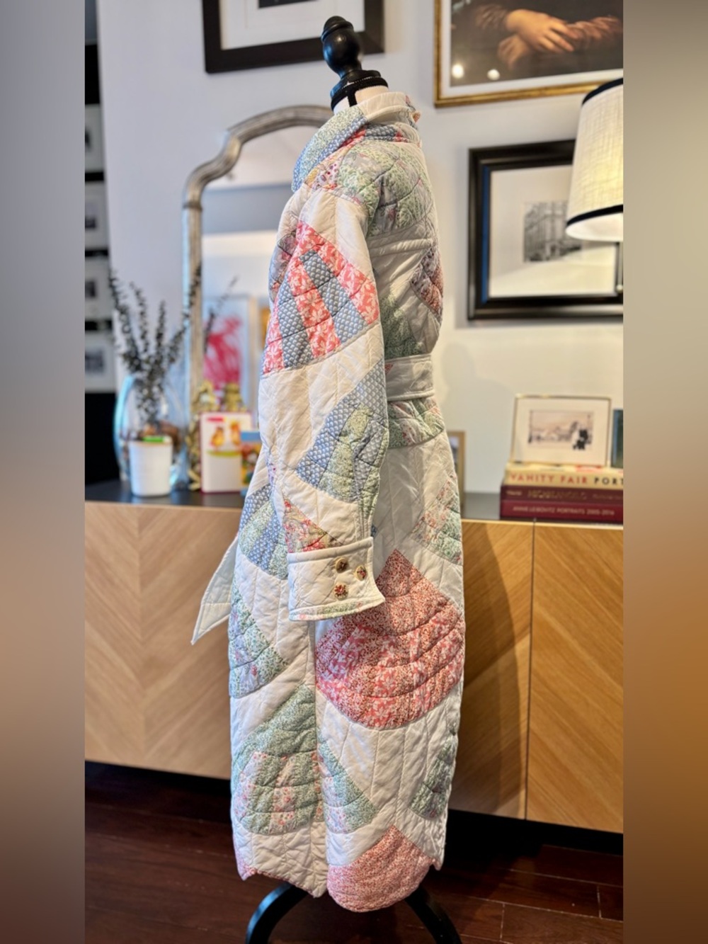 💕SOLD 🧵HANDMADE Fan Patchwork Long Quilt Belted Coat in Pastel Floral S/M - Picture 6 of 16